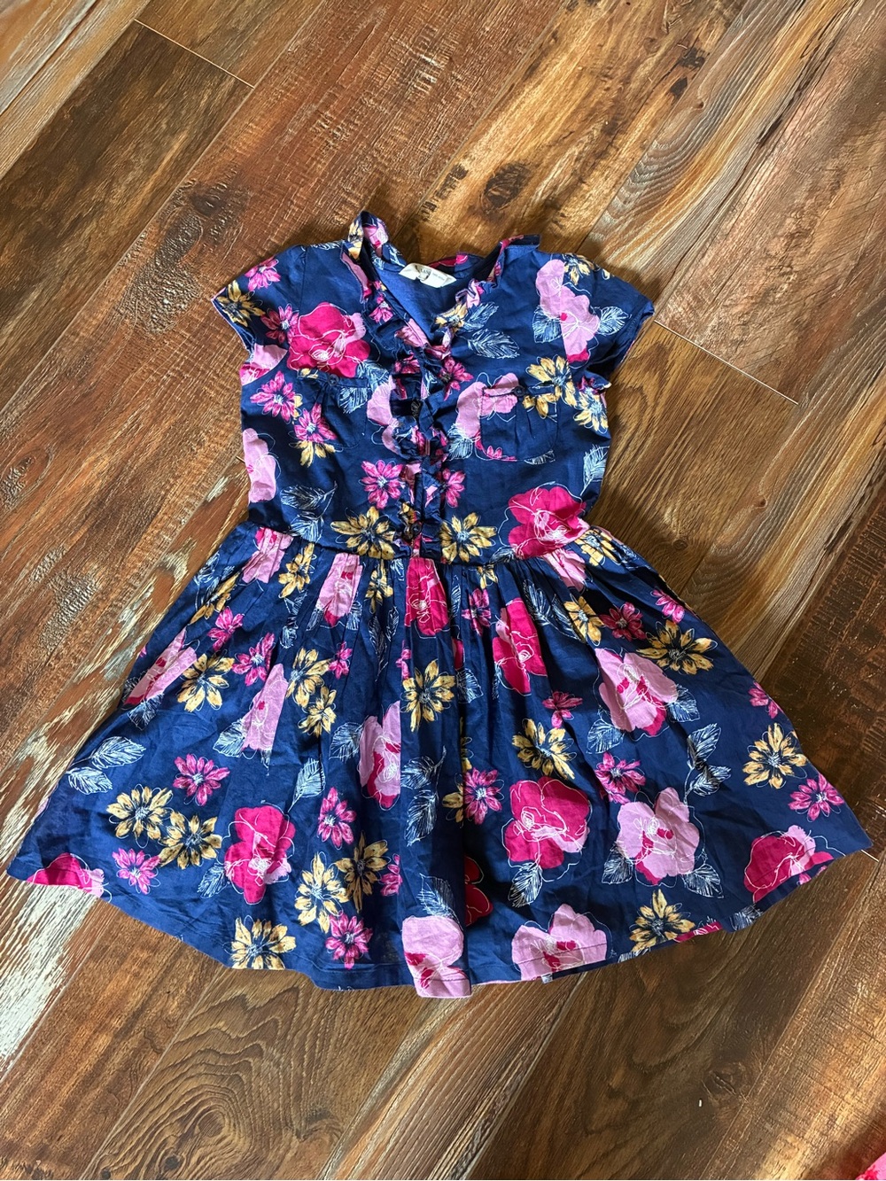 Lands' End Navy Floral Ruffle-Front Cotton Dress